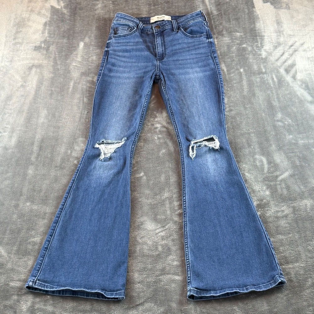 Hollister High-Rise Flare Jeans Distressed Medium‎ Wash Blue Womens 2R W26